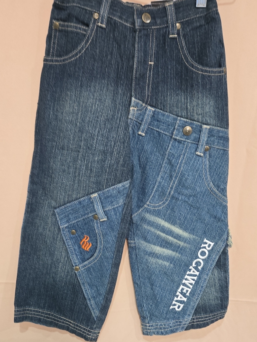 Rocawear Kids Boys Blue Patchwork Denim Jeans Shorts with White Logo